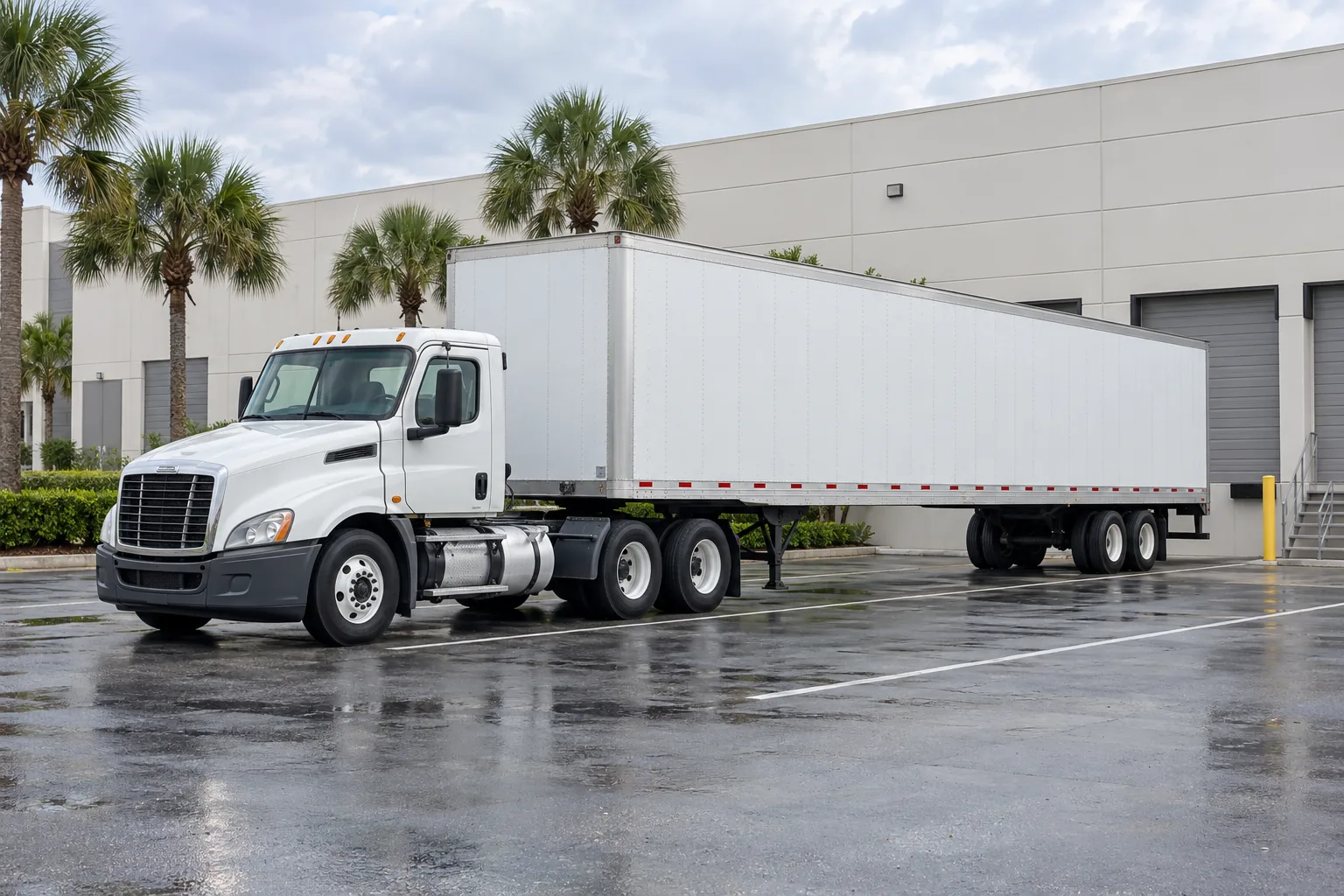 Generic unbranded tractor and enclosed trailer parked beside a low-rise industrial building after rain