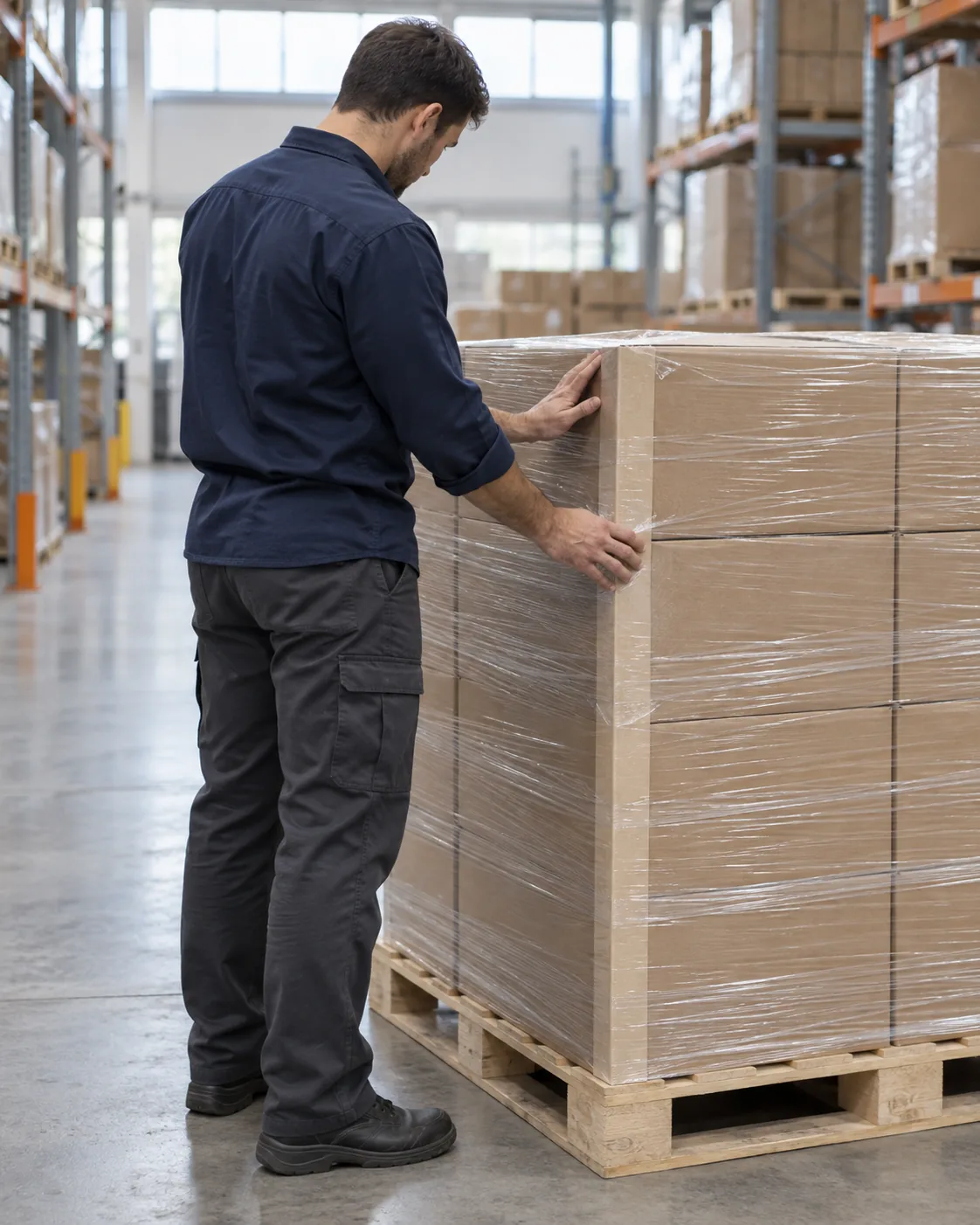 One generic warehouse worker checking clear wrap around an unmarked pallet load